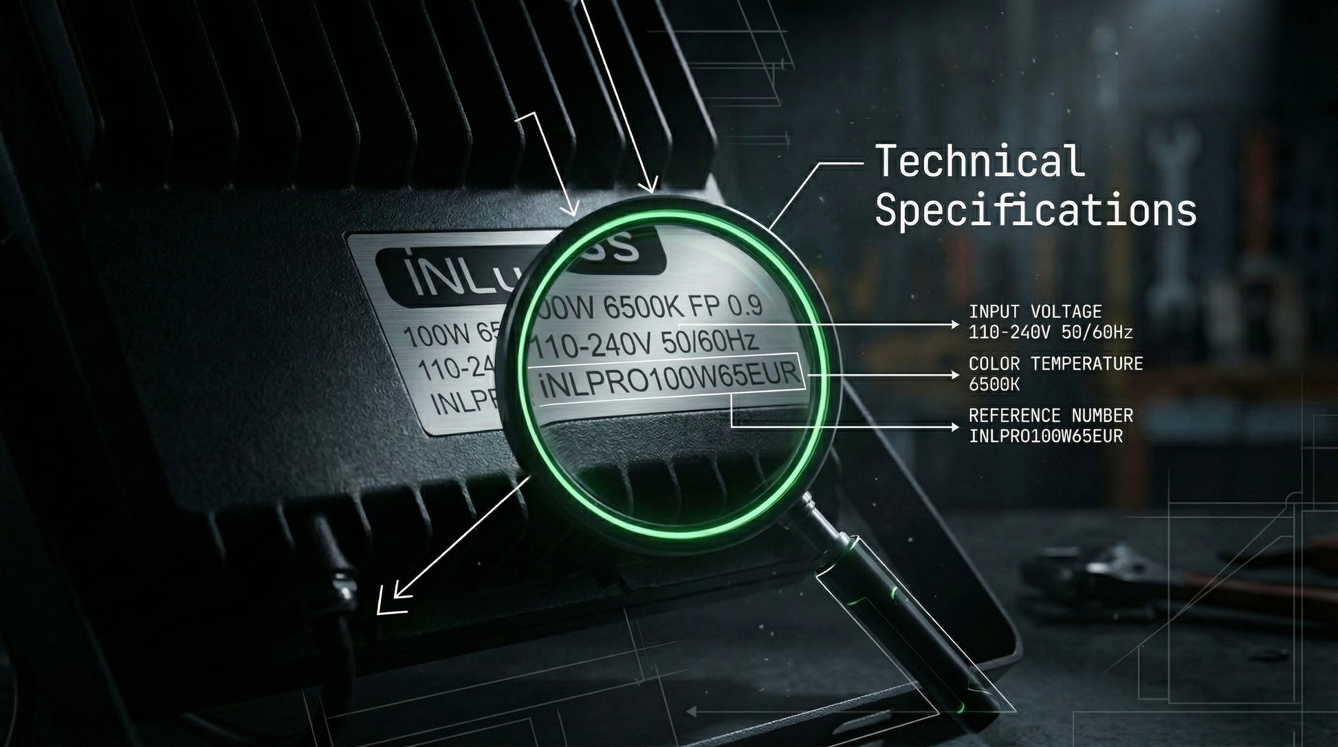 Technical specifications of a lighting component with a magnifying glass effect.