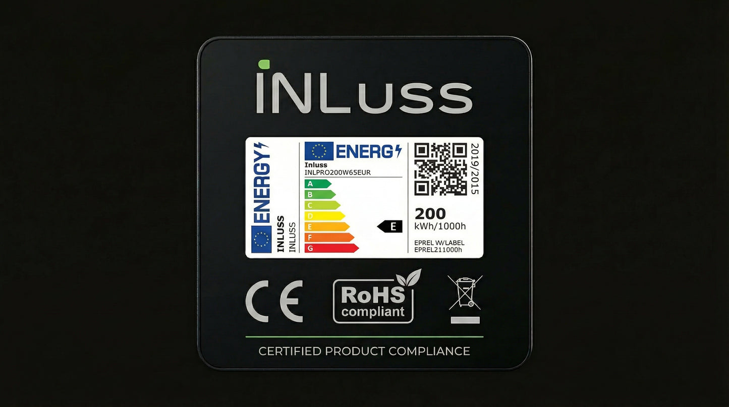 INLUSS energy label with certification logos on a black background