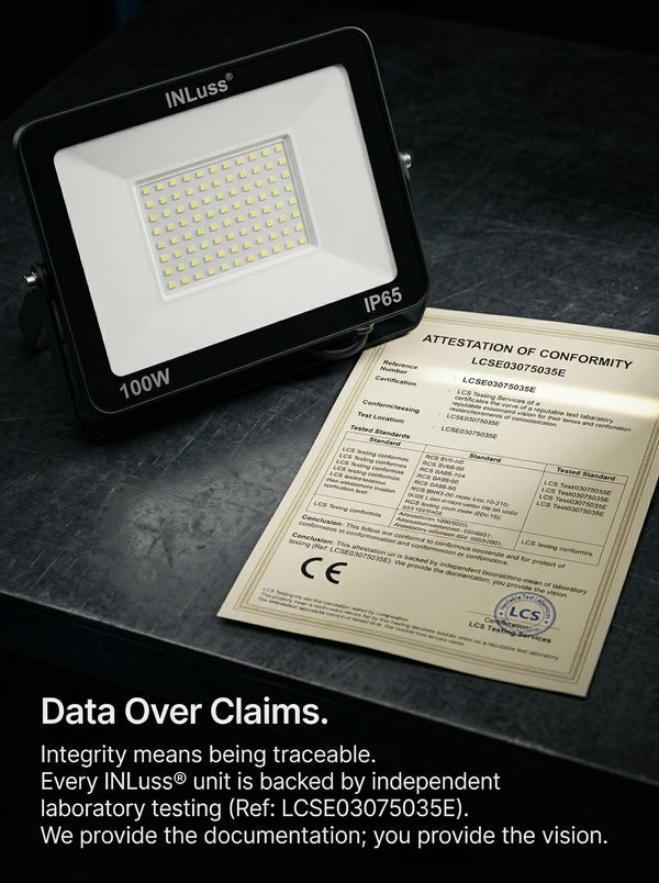 INLuss LED flood light with certification document on a dark surface