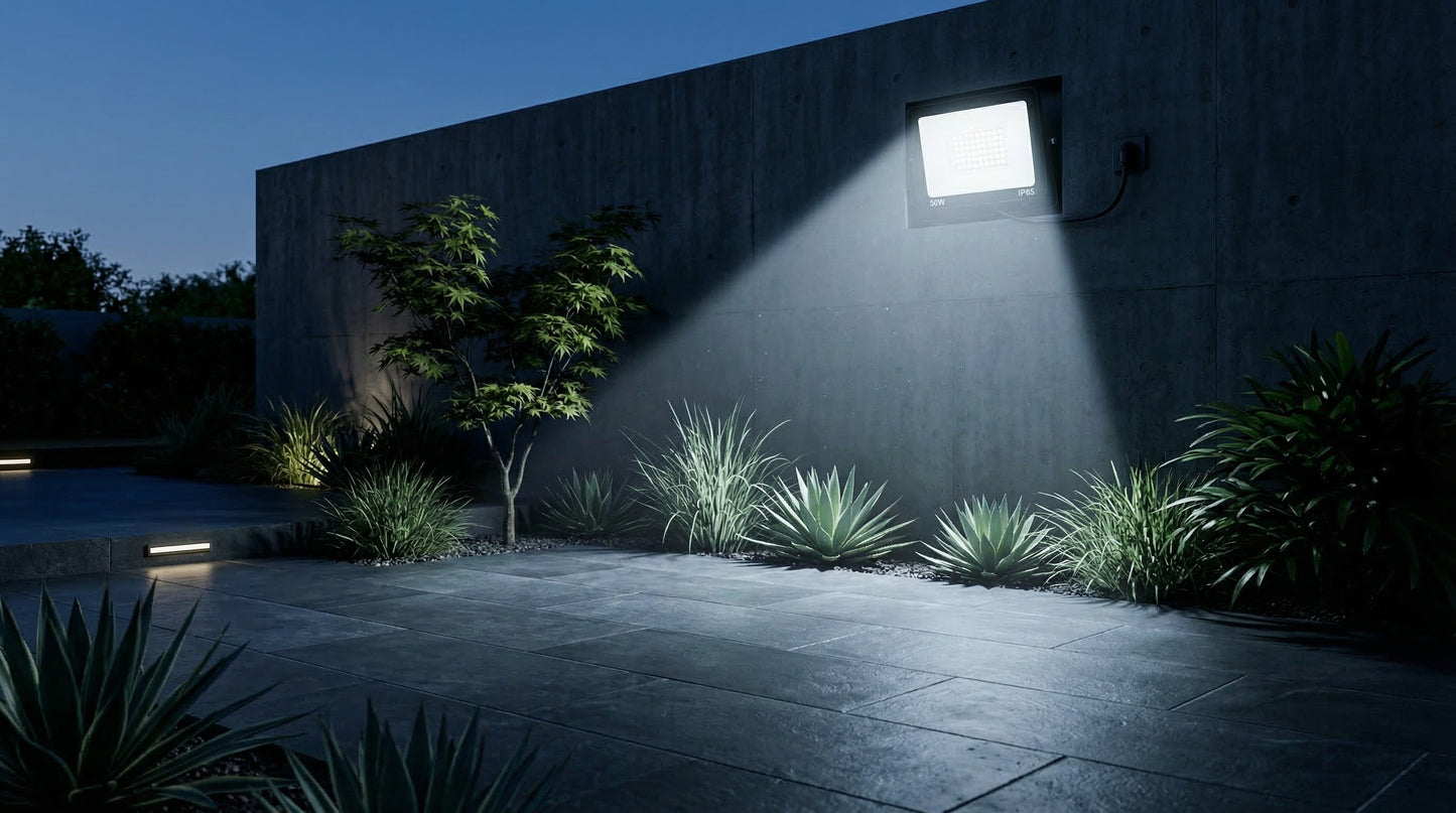 Outdoor garden scene with a concrete wall and plants illuminated by a light source.
