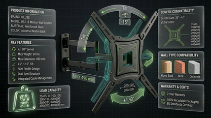 Wall-mounted display of a motion system with specifications on a dark background